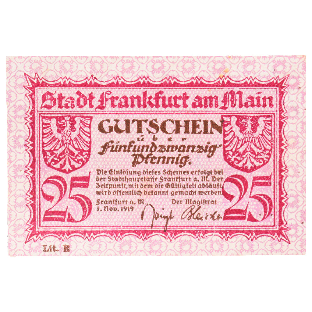 Banconote, Germania, Frankfurt am Main Stadt, 25 Pfennig, paysage 7, 1919