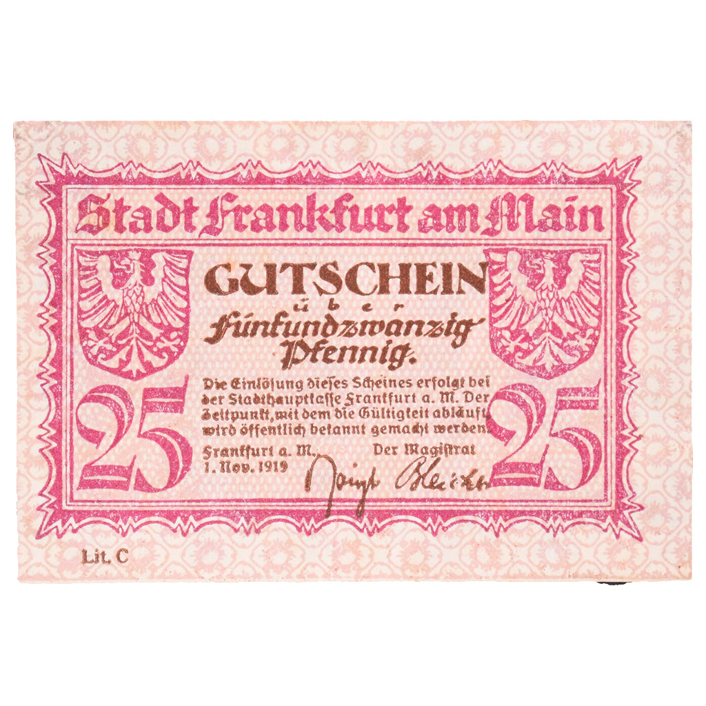 Banconote, Germania, Frankfurt am Main Stadt, 25 Pfennig, paysage 8, 1919