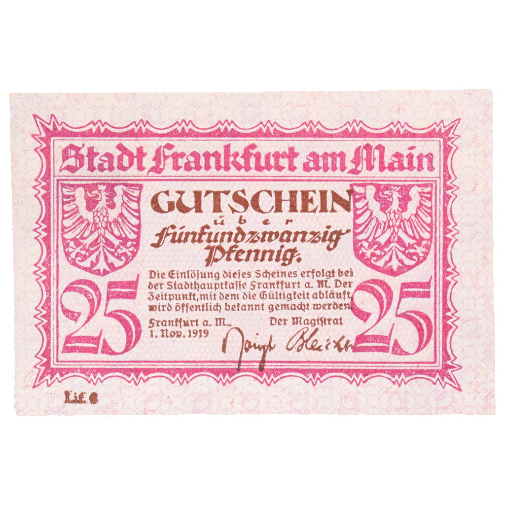 Banconote, Germania, Frankfurt am Main Stadt, 25 Pfennig, paysage 10, 1919