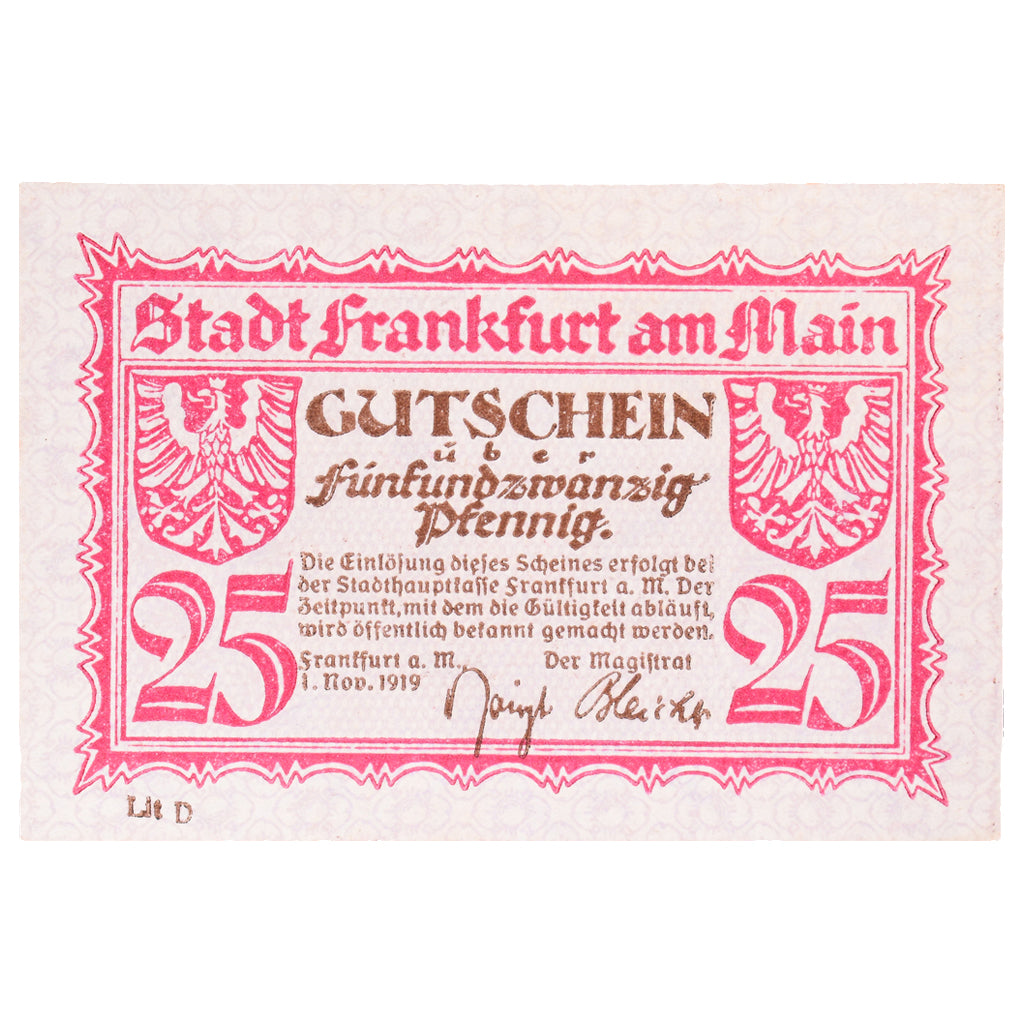 Geldschein, Deutschland, Frankfurt am Main Stadt, 25 Pfennig, paysage 11, 1919