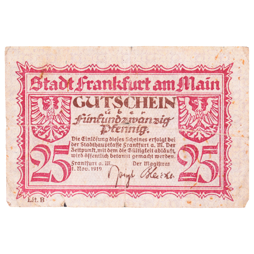 Banconote, Germania, Frankfurt am Main Stadt, 25 Pfennig, paysage 12, 1919