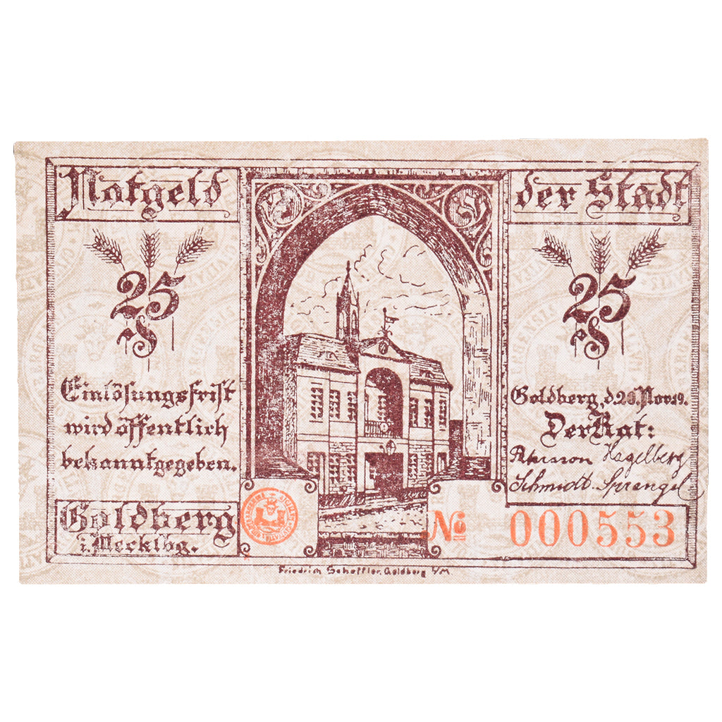 Banconote, Germania, Goldberg Stadt, 25 Pfennig, Batiment, 1919, 1919-11-20