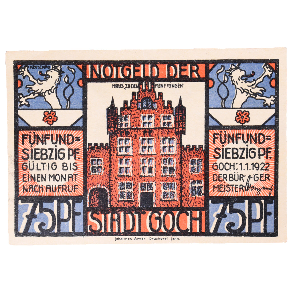 Banconote, Germania, Goch Stadt, 75 Pfennig, personnage 4, 1922, 1922-01-01