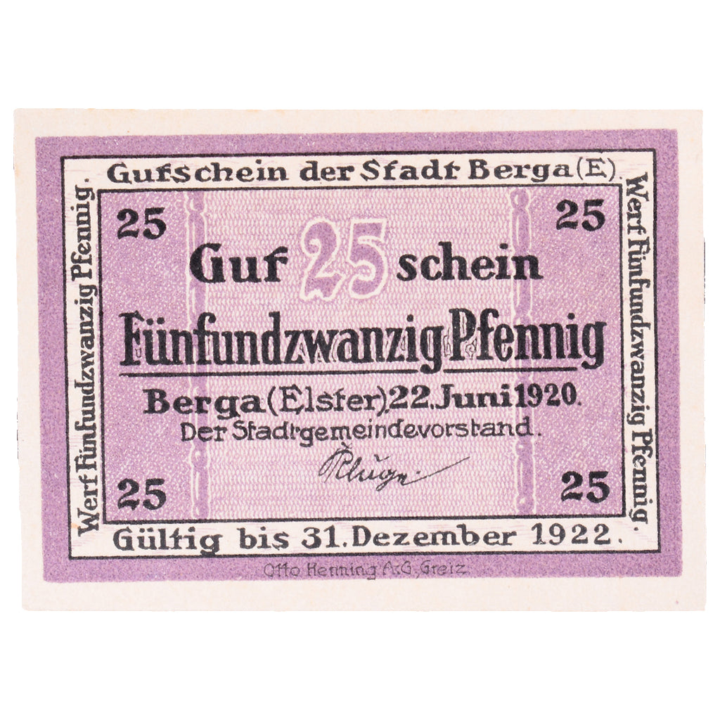 Banknot, Niemcy, Berga, 25 Pfennig, château, 1922, 1922-12-31, UNC(60-62)
