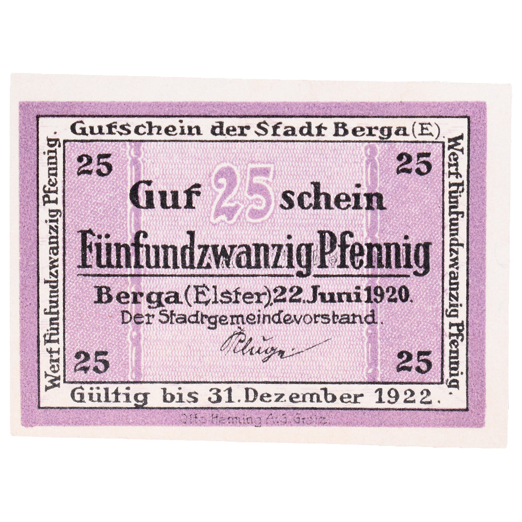 Banconote, Germania, Berga, 25 Pfennig, chateau 1, 1922, 1922-12-31, SPL