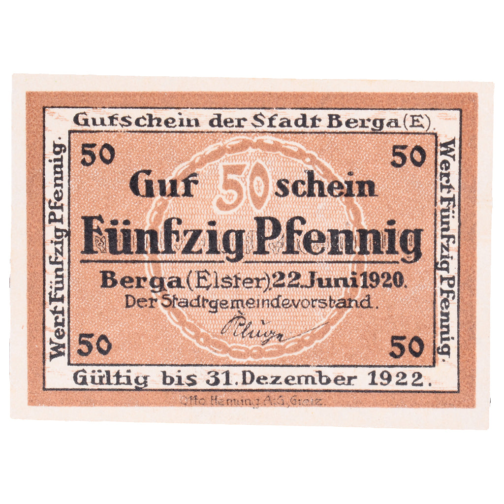 Banknote, Germany, Berga, 50 Pfennig, arbre, 1922, 1922-12-31, UNC(60-62)