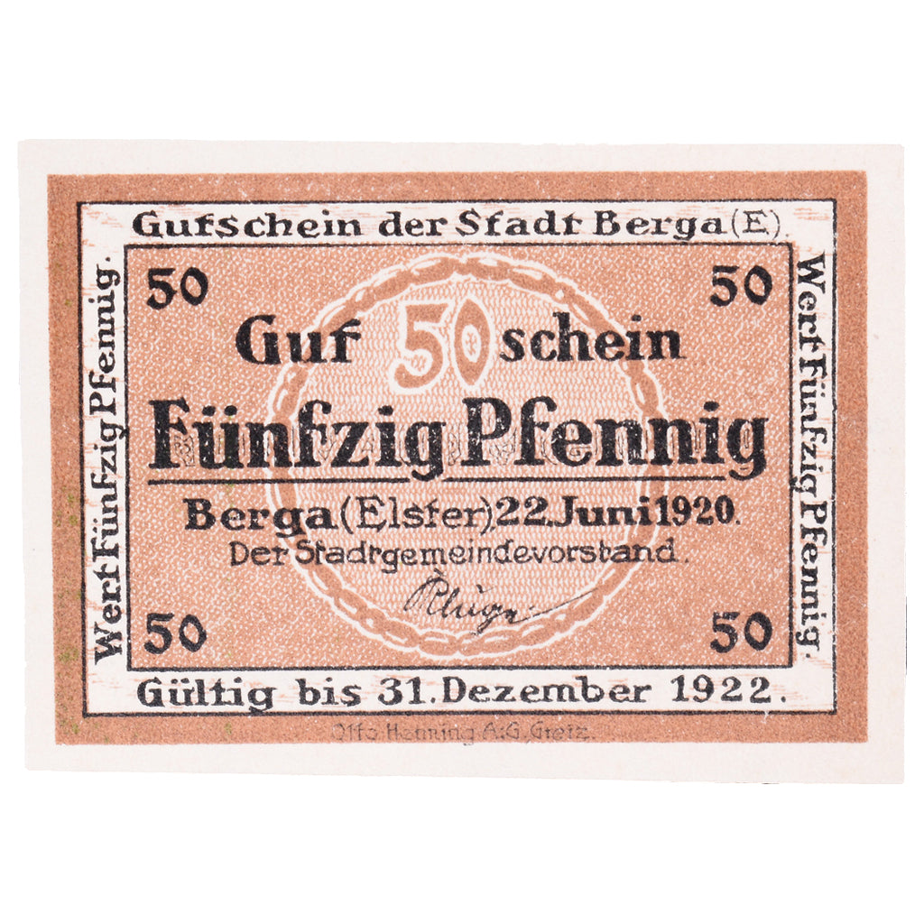 Banconote, Germania, Berga, 50 Pfennig, arbre 1, 1922, 1922-12-31, SPL