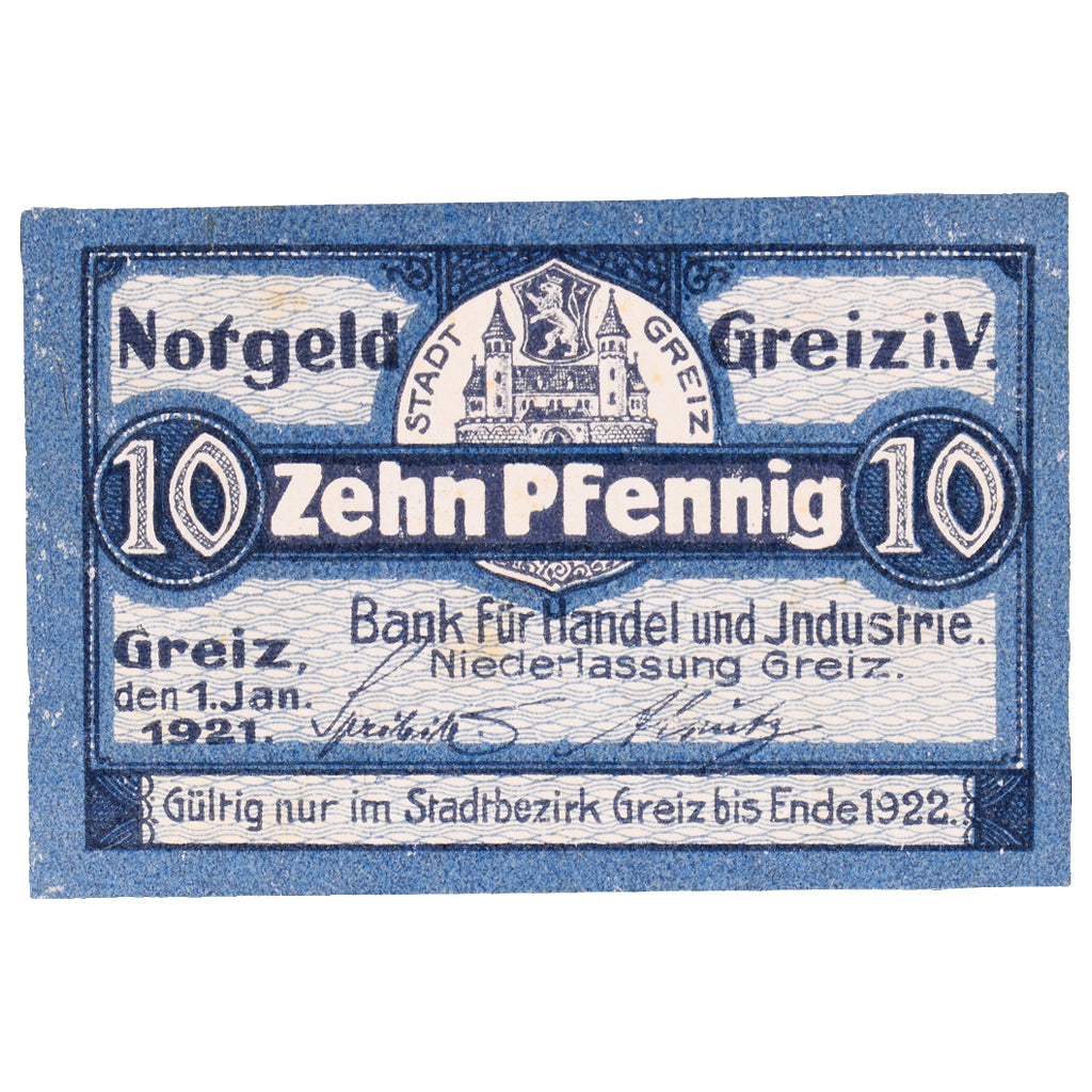 Geldschein, Deutschland, Greiz, Bank für Handel und Industrie, 10 Pfennig