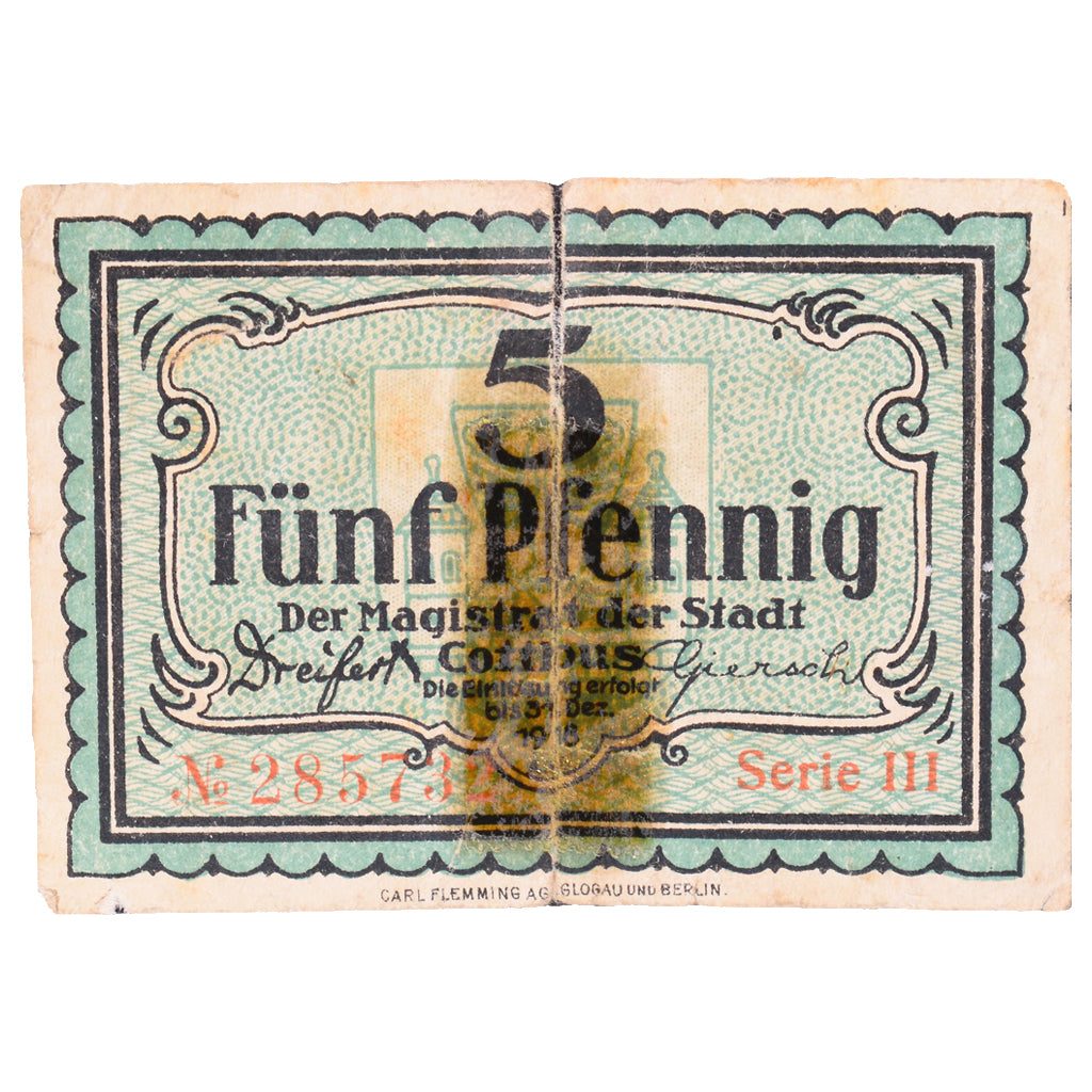 Banconote, Germania, Cottbus Stadt, 5 Pfennig, valeur faciale, 1918, 1918-12-31