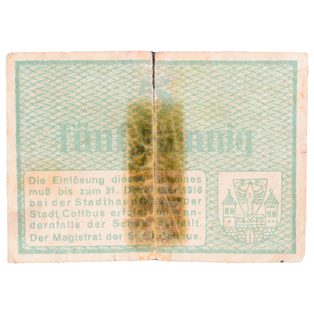 Banconote, Germania, Cottbus Stadt, 5 Pfennig, valeur faciale, 1918, 1918-12-31