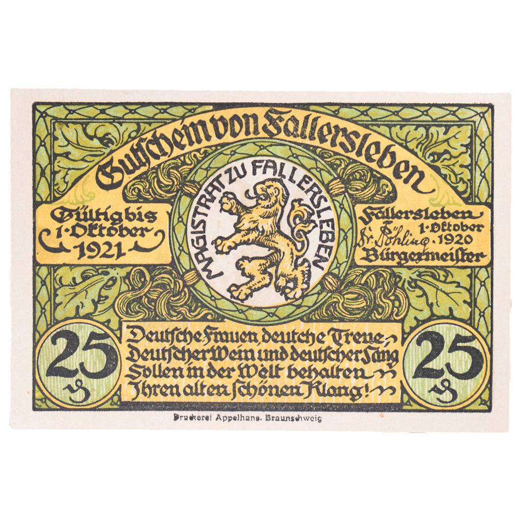 Banconote, Germania, Fallersleben, 25 Pfennig, Maison, 1920, 1920-10-01, SPL