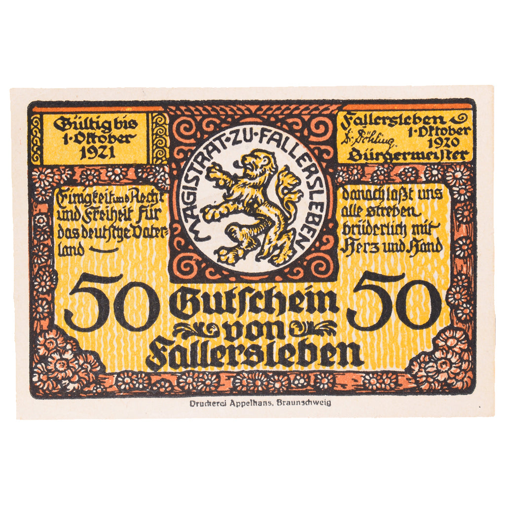 Banknot, Niemcy, Fallersleben, 50 Pfennig, Maison, 1920, 1920-10-01, UNC(60-62)