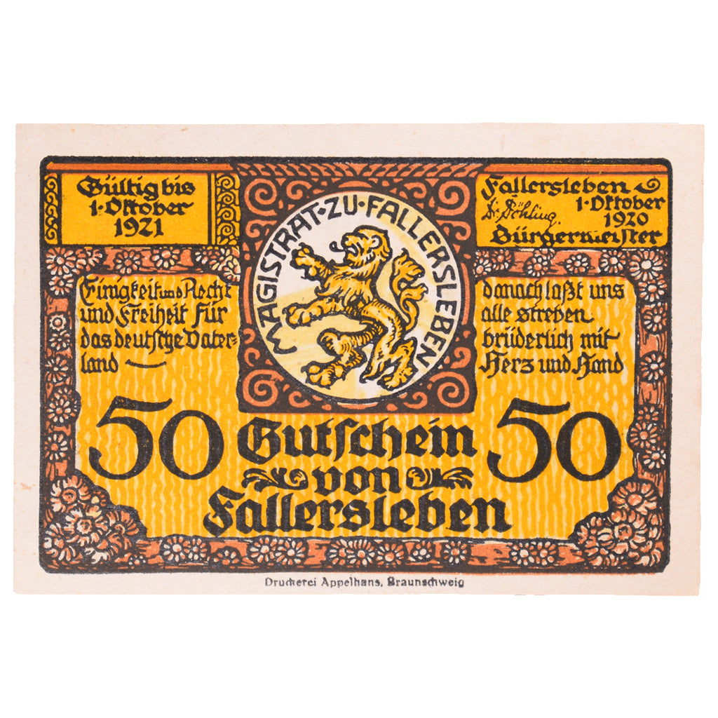 Banconote, Germania, Fallersleben, 50 Pfennig, maison 1, 1920, 1920-10-01, SPL