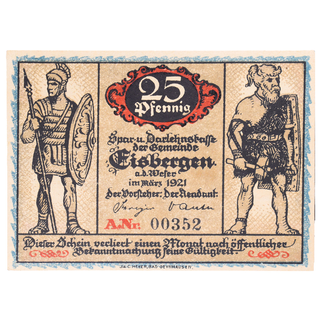 Banknot, Niemcy, Eisbergen, 25 Pfennig, personnage, 1921, UNC(60-62), Mehl:317.1
