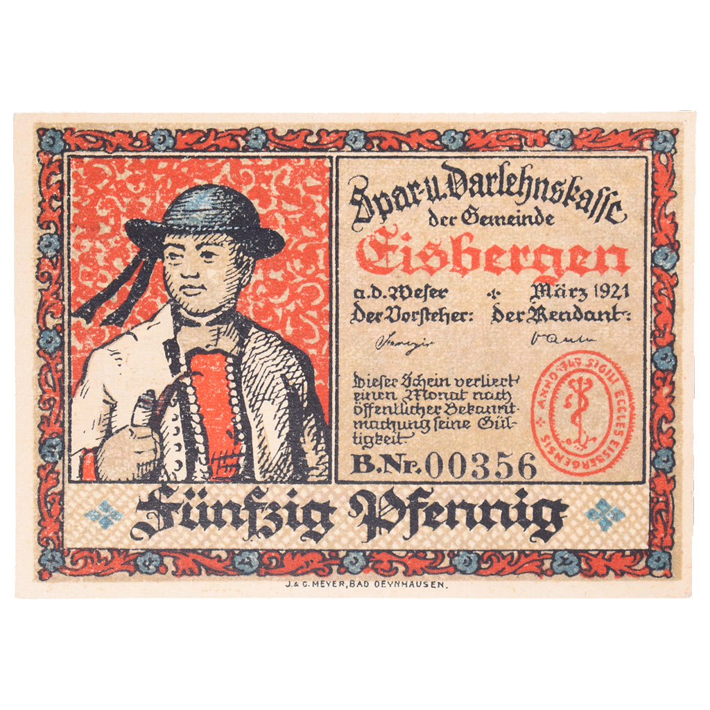 Geldschein, Deutschland, Eisbergen, 50 Pfennig, personnage, 1921, VZ+