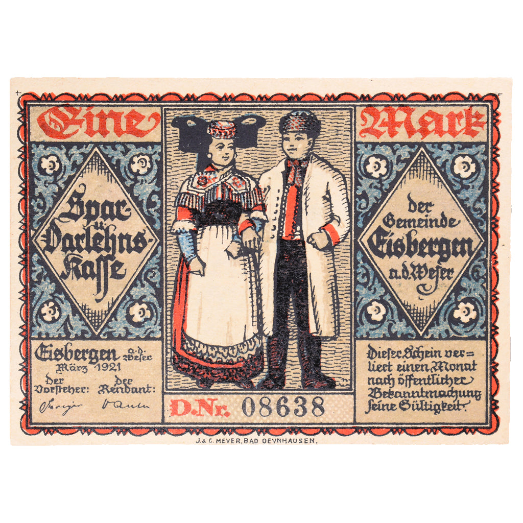 Banknot, Niemcy, Eisbergen, 1 Mark, personnage, 1921, UNC(60-62), Mehl:317.1