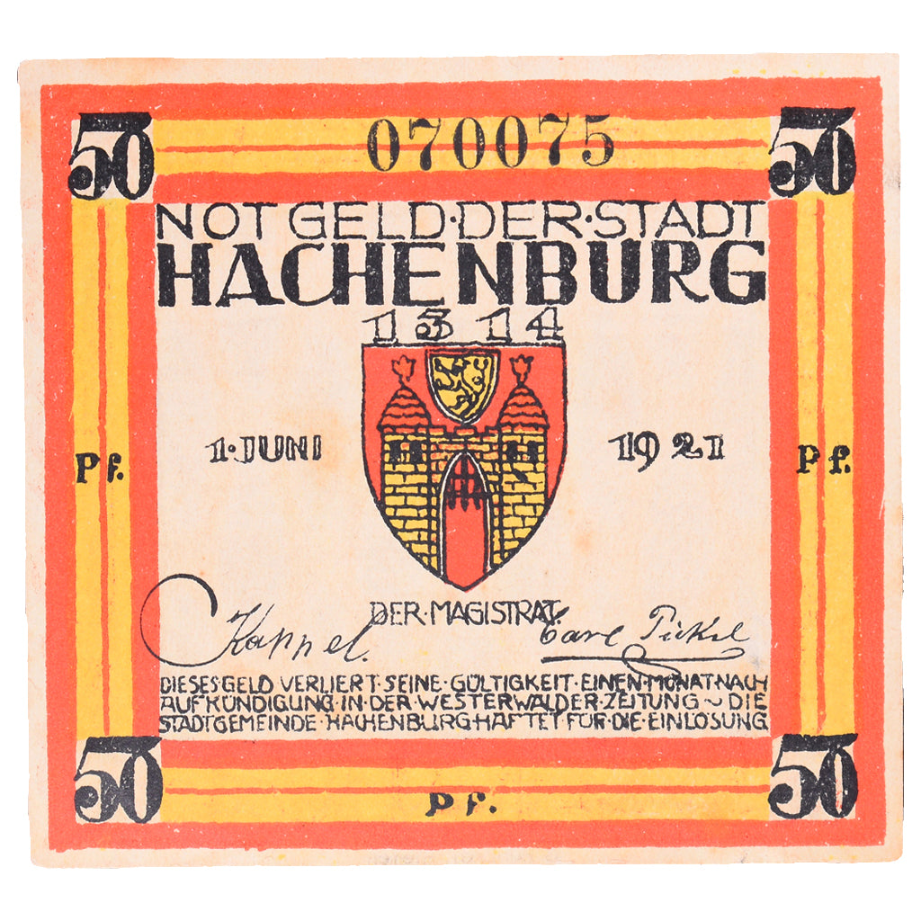 Banconote, Germania, Hachenburg, 50 Pfennig, Eglise 1, 1921, 1921-06-01, SPL