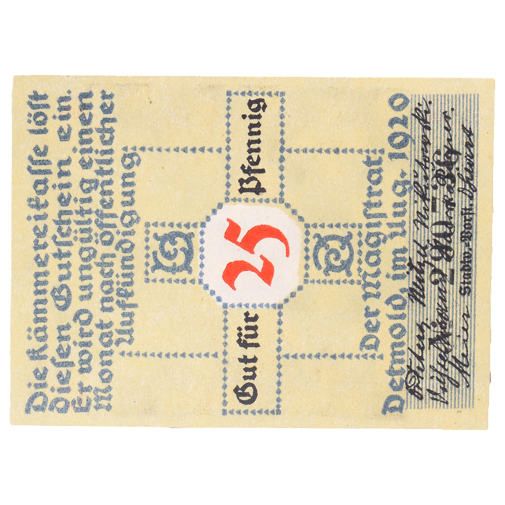 Banconote, Germania, Detmold, 25 Pfennig, Monument, 1920, SPL, Mehl:268.1b