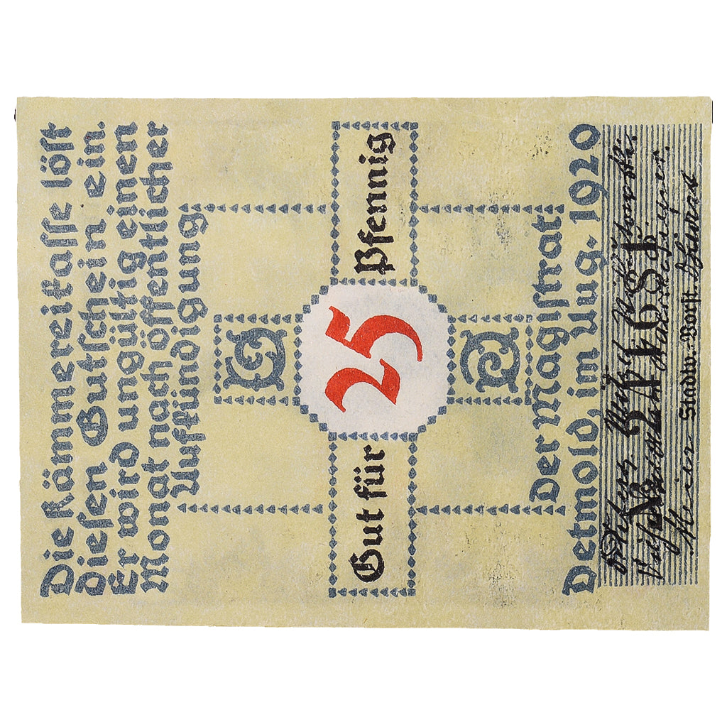 Geldschein, Deutschland, Detmold, 25 Pfennig, monument 1, 1920, VZ+, Mehl:268.1b