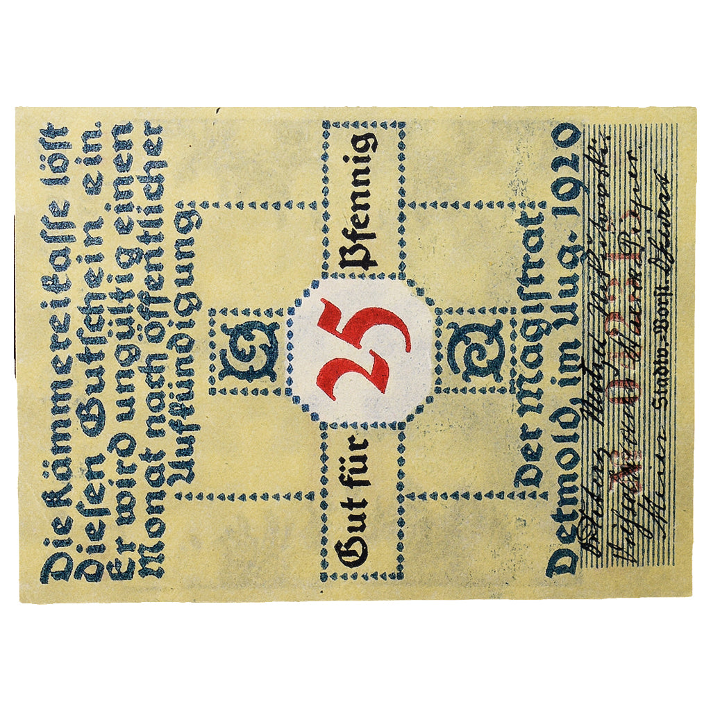 Banconote, Germania, Detmold, 25 Pfennig, monument 2, 1920, SPL, Mehl:268.1b