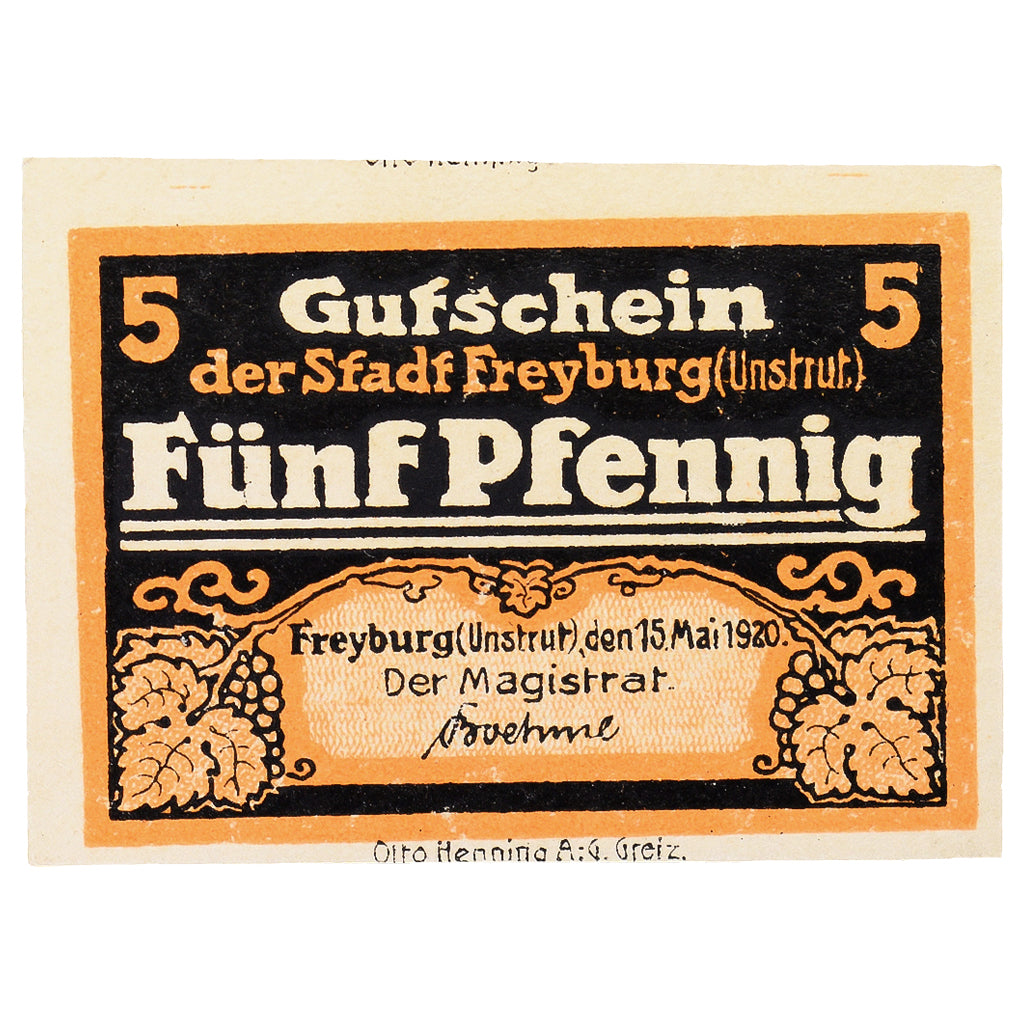 Banconote, Germania, Freyburg a. Unstrut Stadt, 5 Pfennig, Eglise, 1920