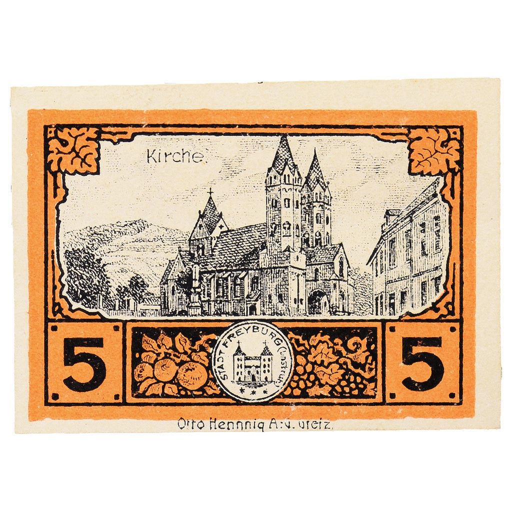 Banconote, Germania, Freyburg a. Unstrut Stadt, 5 Pfennig, Eglise, 1920