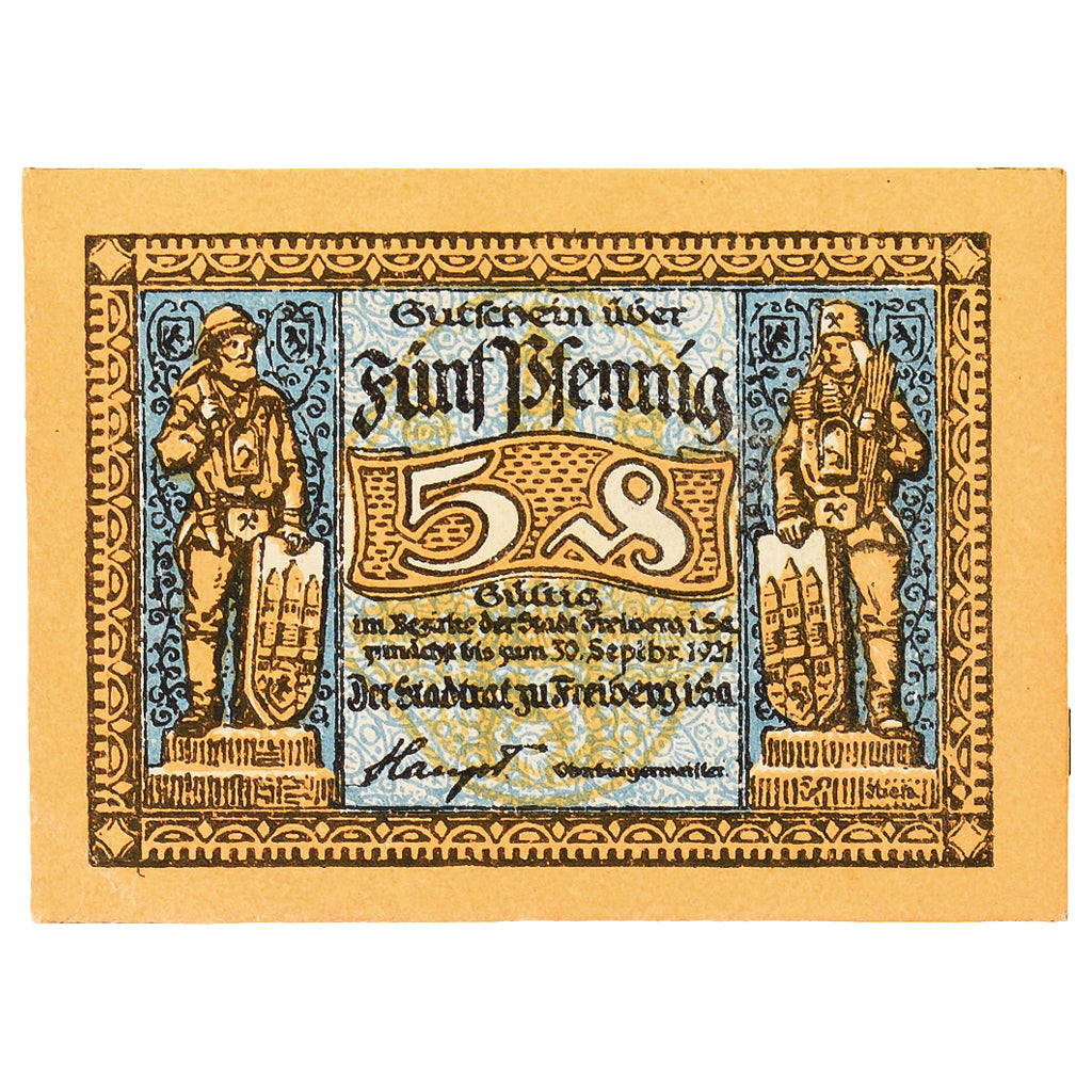 Banconote, Germania, Freiberg Stadt, 5 Pfennig, personnage, 1918, 1918-12-31