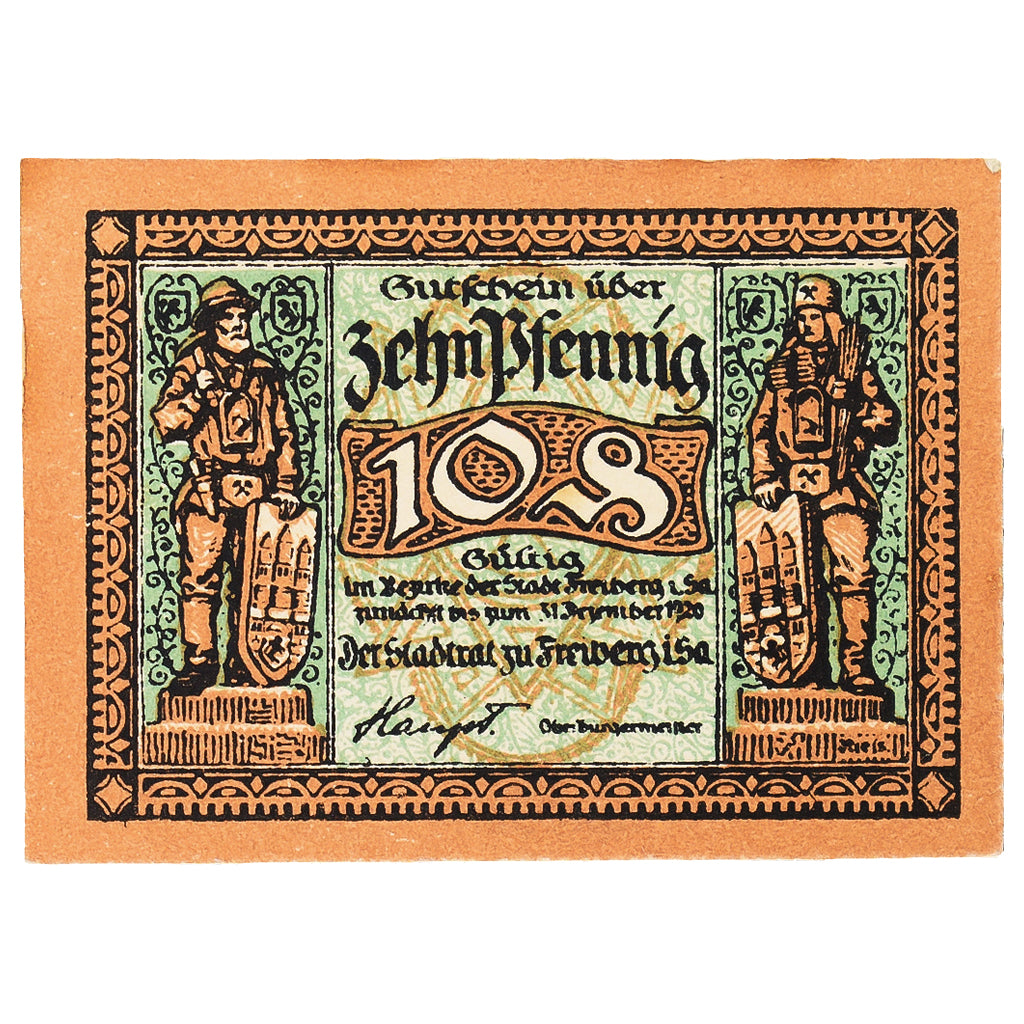 Banconote, Germania, Freiberg Stadt, 10 Pfennig, personnage, 1918, 1918-12-31