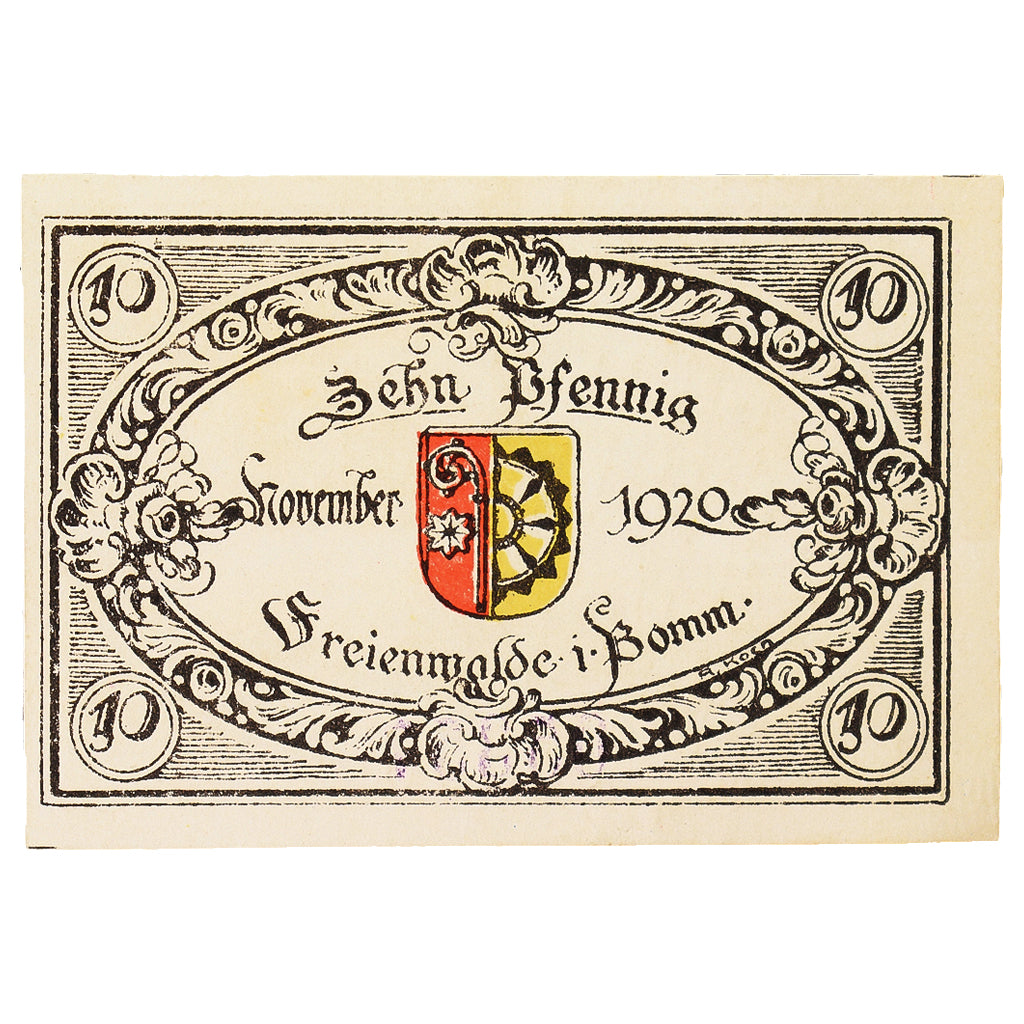 Banconote, Germania, Freienwalde Stadt, 10 Pfennig, Blason, 1920, SPL