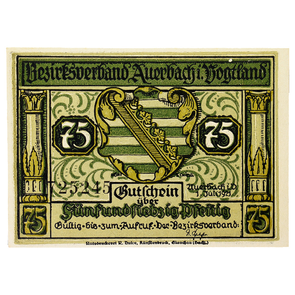 Banconote, Germania, Auerbach, 75 Pfennig, personnage, 1921, 1921-07-01, SPL