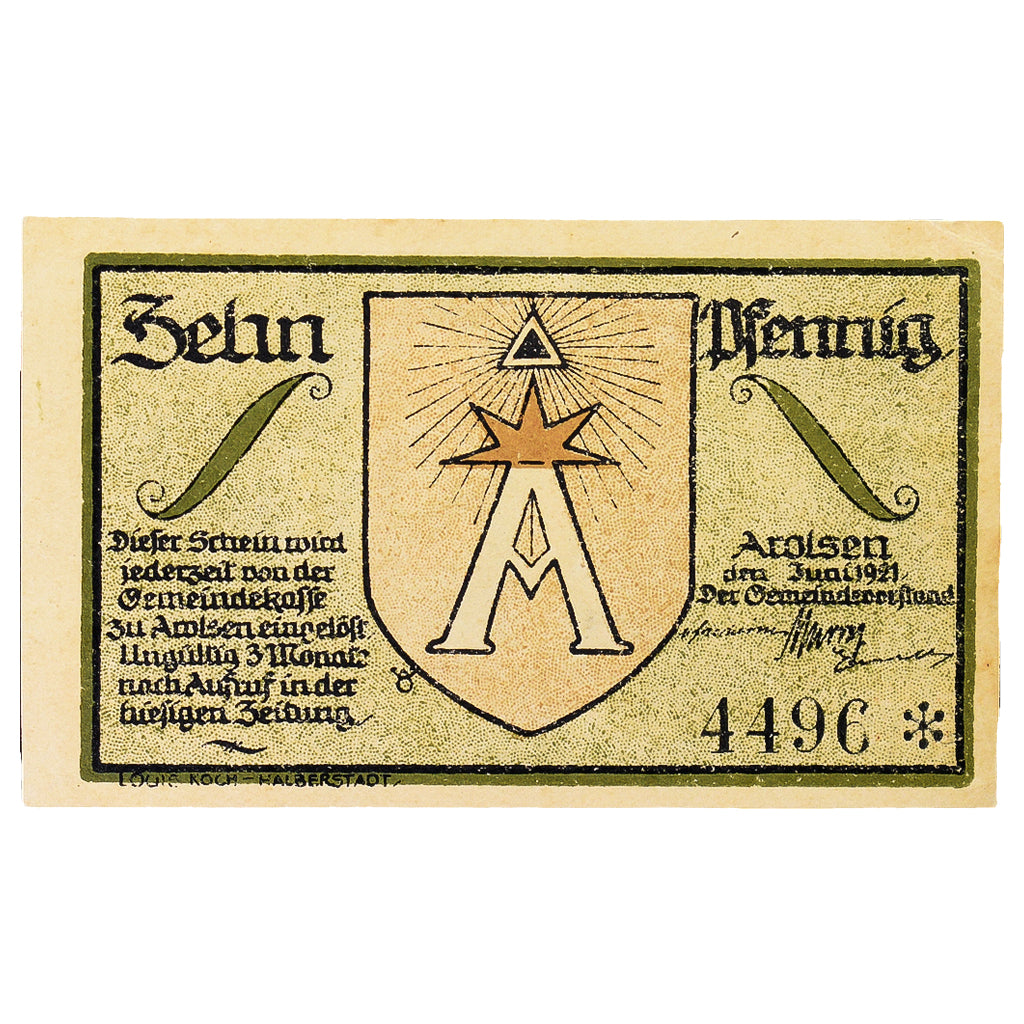 Banconote, Germania, Arolsen, 10 Pfennig, Foret, 1921, 1921-06-01, SPL