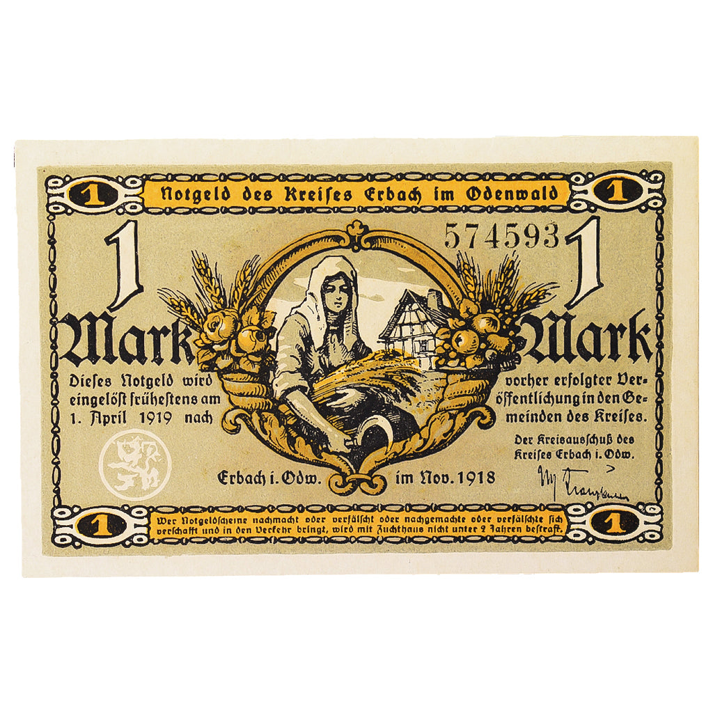 Banknot, Niemcy, Erbach im oderwald, 1 Mark, personnage 1, 1918, UNC(63)