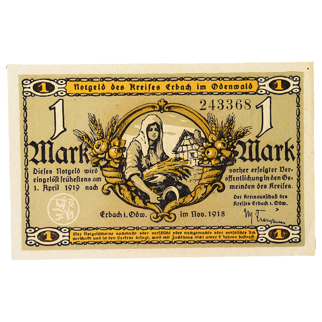 Banknot, Niemcy, Erbach im oderwald, 1 Mark, personnage 2, 1918, UNC(63)