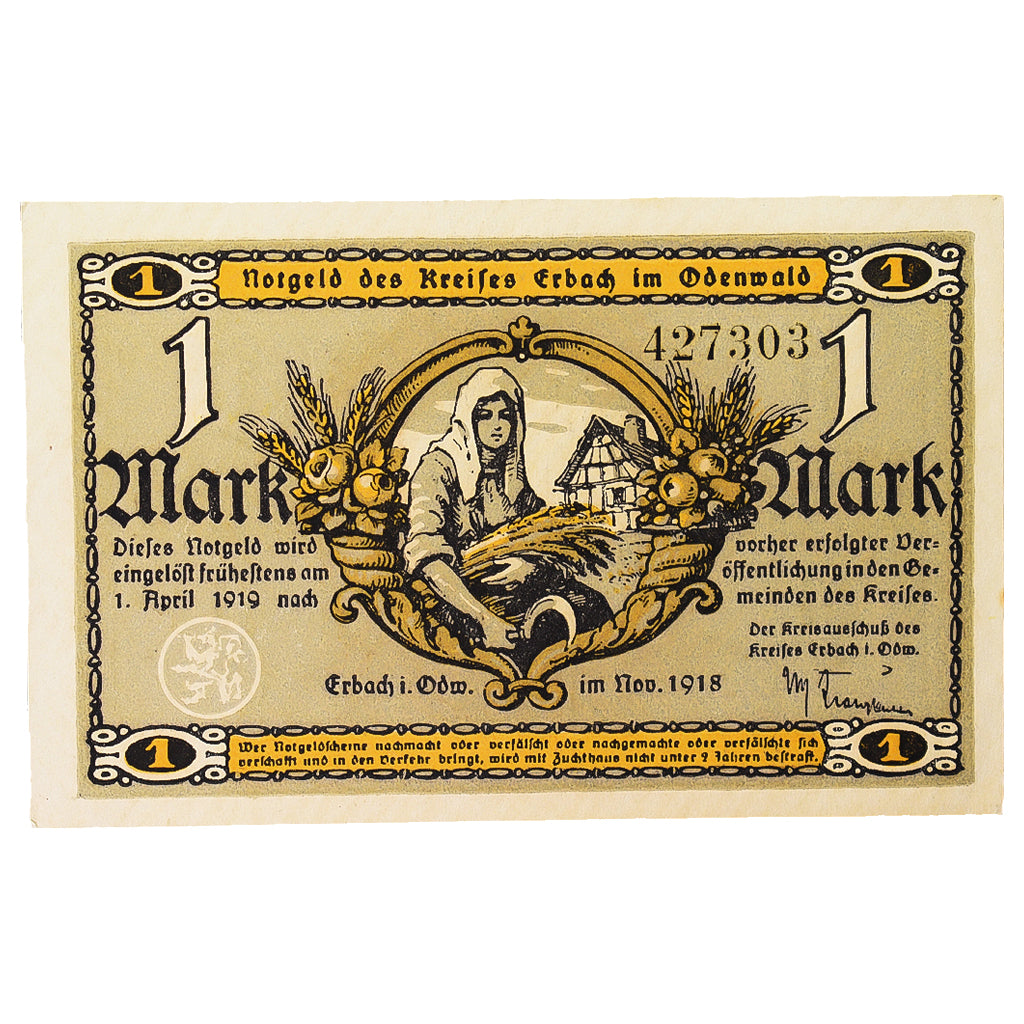 Geldschein, Deutschland, Erbach im oderwald, 1 Mark, personnage 3, 1918, UNZ-