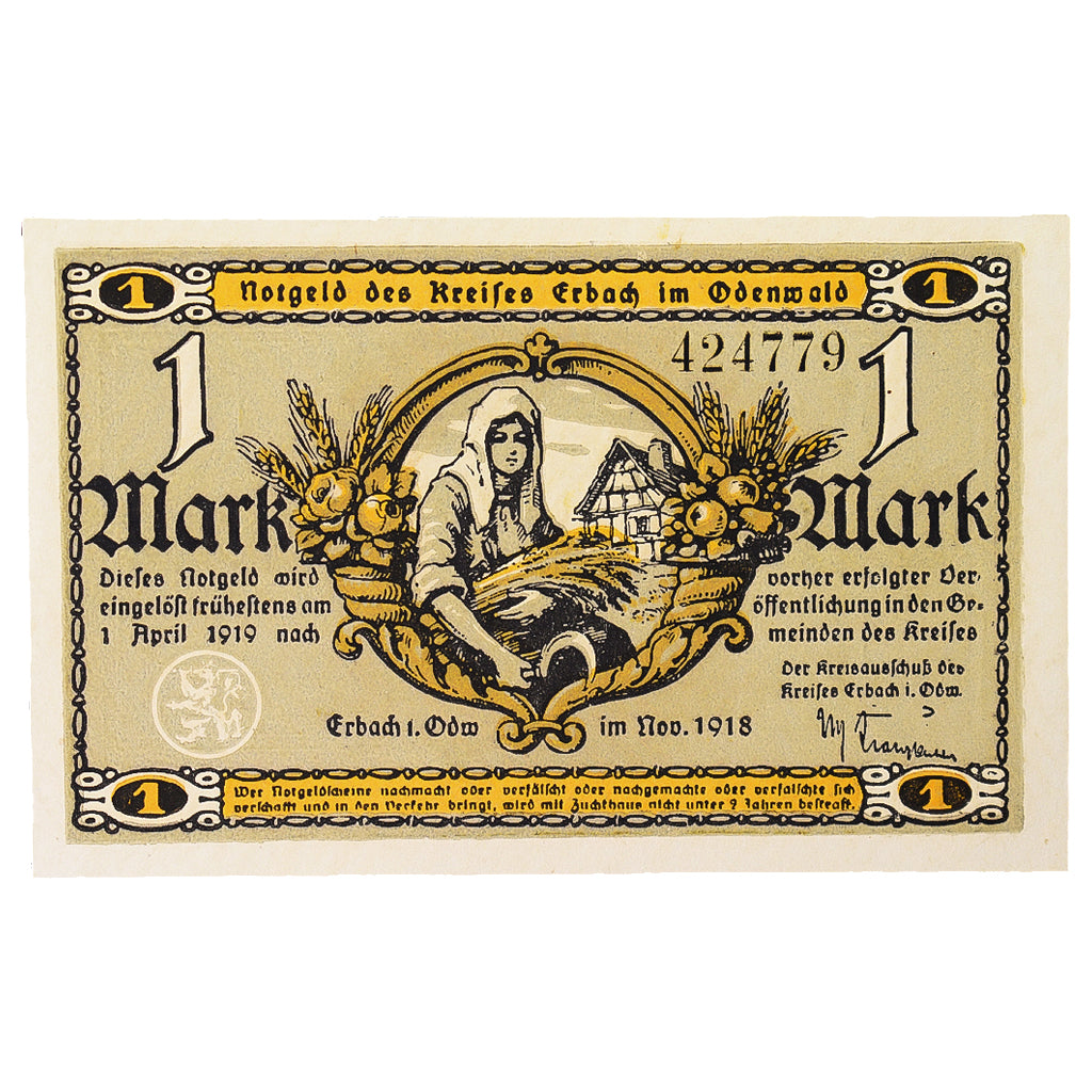 Banknot, Niemcy, Erbach im oderwald, 1 Mark, personnage 4, 1918, UNC(63)
