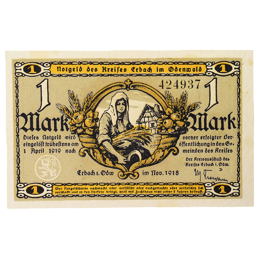 Banconote, Germania, Erbach im oderwald, 1 Mark, personnage 5, 1918, SPL