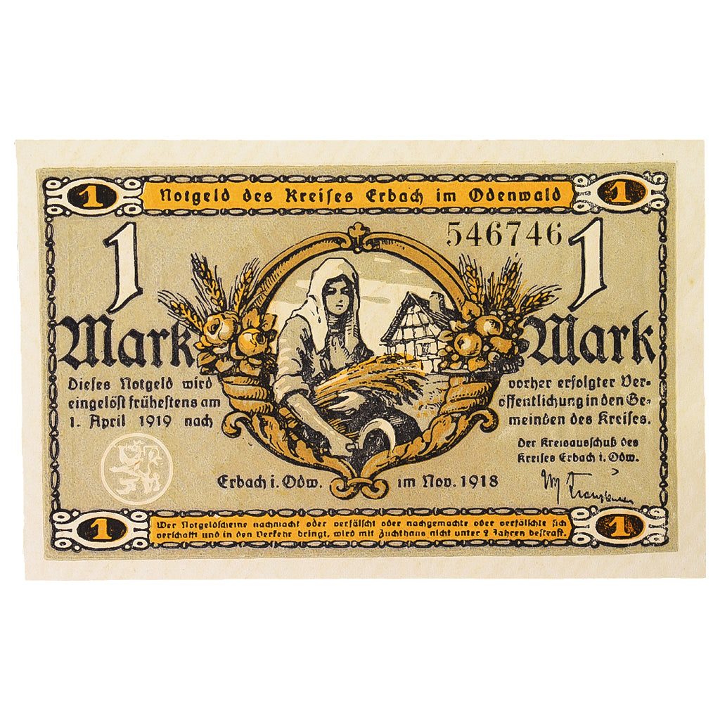 Banconote, Germania, Erbach im oderwald, 1 Mark, personnage 6, 1918, SPL