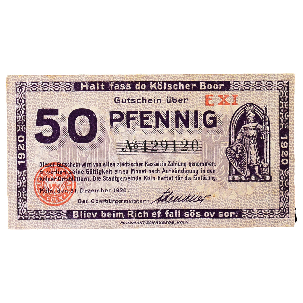 Banconote, Germania, Köln Stadt, 50 Pfennig, Eglise, 1920, 1920-10-01, SPL