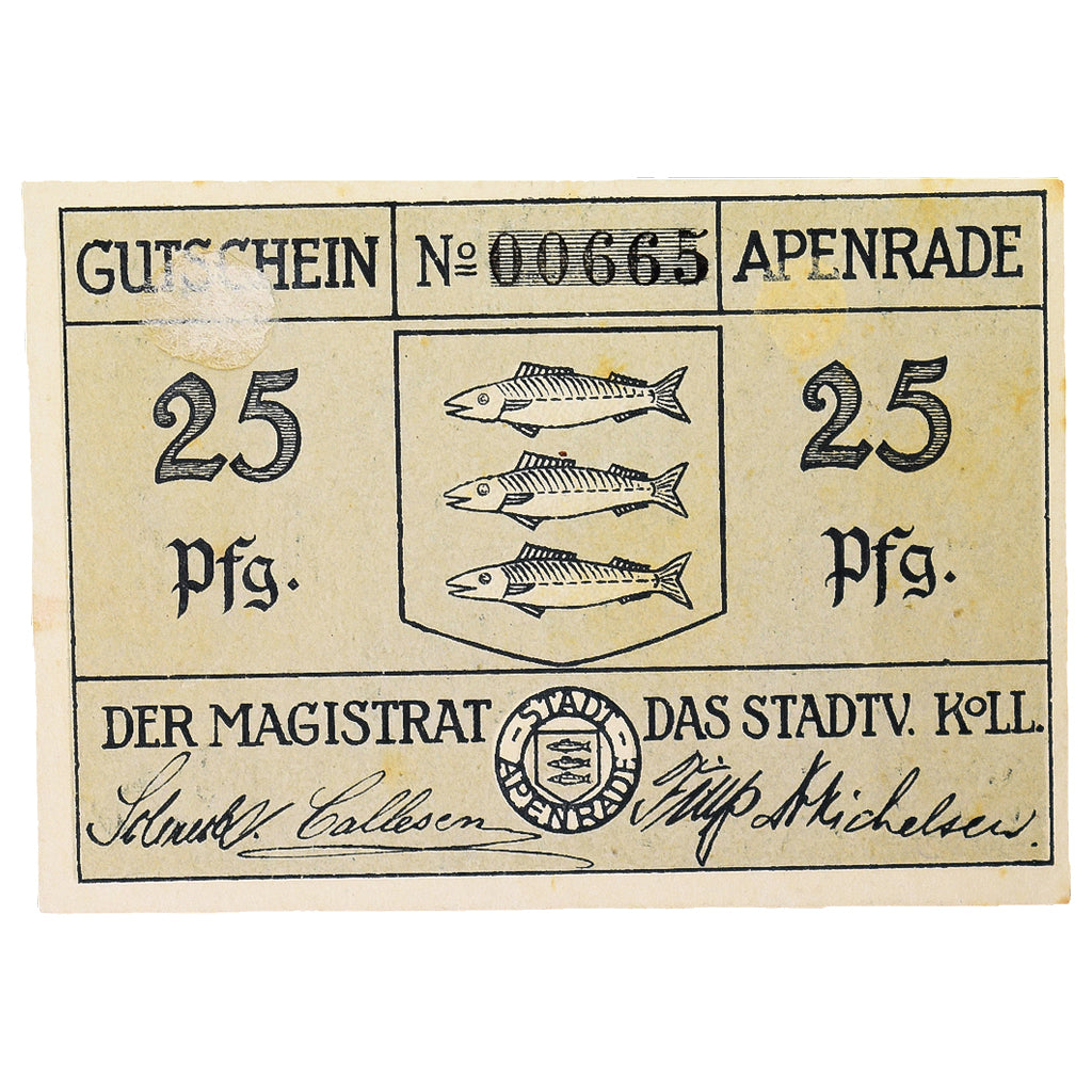 Banconote, Germania, Apenrade Stadt, 25 Pfennig, poisson, 1920, SPL-, Mehl:21.1