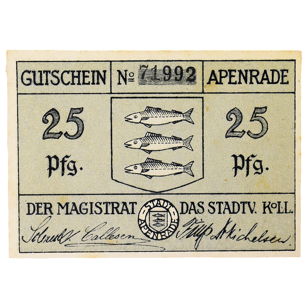 Banconote, Germania, Apenrade Stadt, 25 Pfennig, Poissons 1, 1920, SPL-