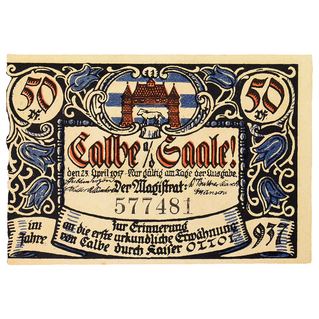 Banknot, Niemcy, Calbe a.d. Saale Stadt, 50 Pfennig, personnage, 1917
