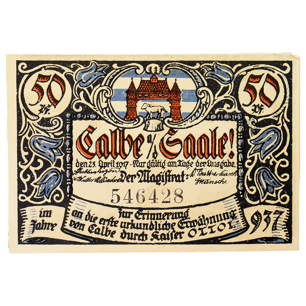 Banconote, Germania, Calbe a.d. Saale Stadt, 50 Pfennig, personnage 1, 1917