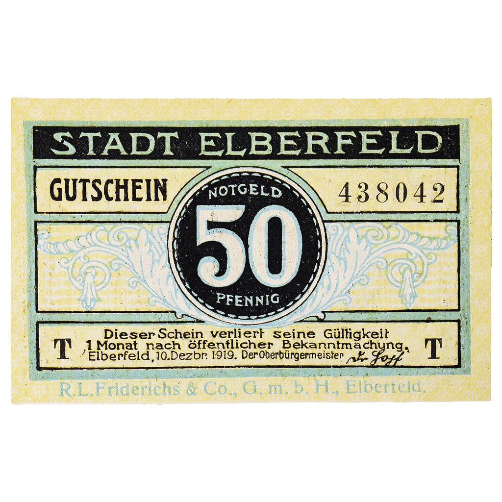Geldschein, Deutschland, Elberfeld Stadt, 50 Pfennig, pont, 1919, 1919-12-10