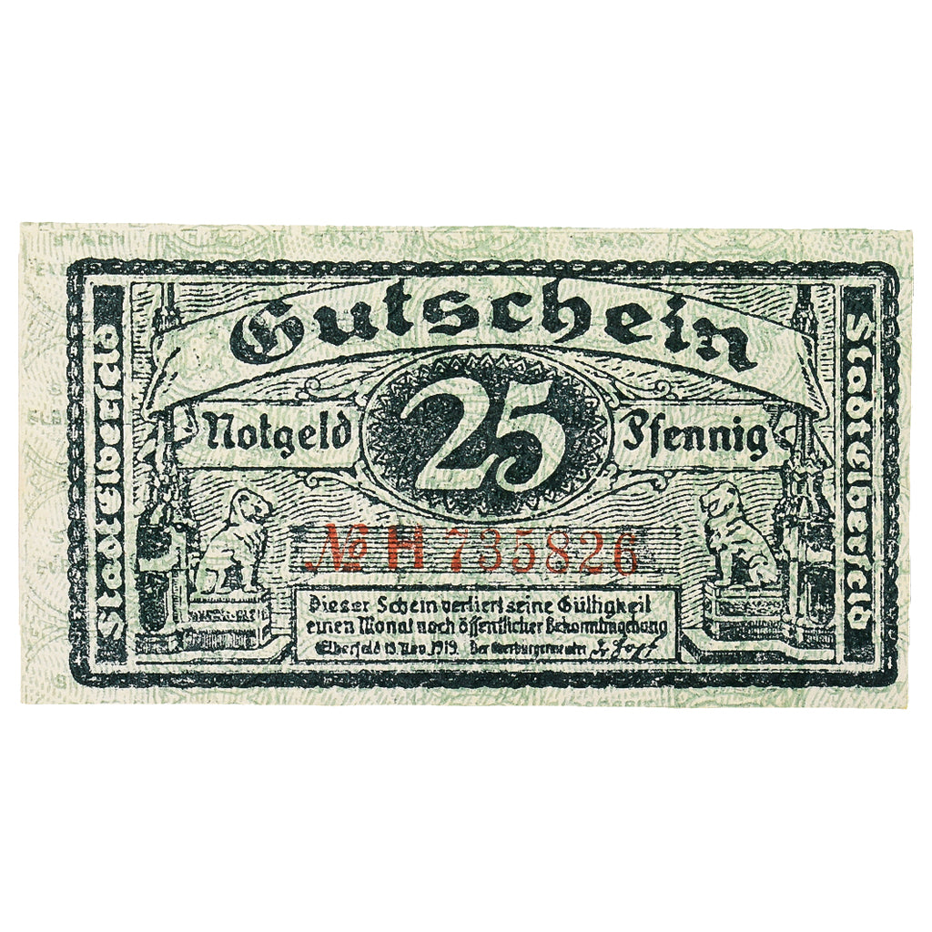 Banknot, Niemcy, Elberfeld Stadt, 25 Pfennig, Blason, 1919, 1919-11-15