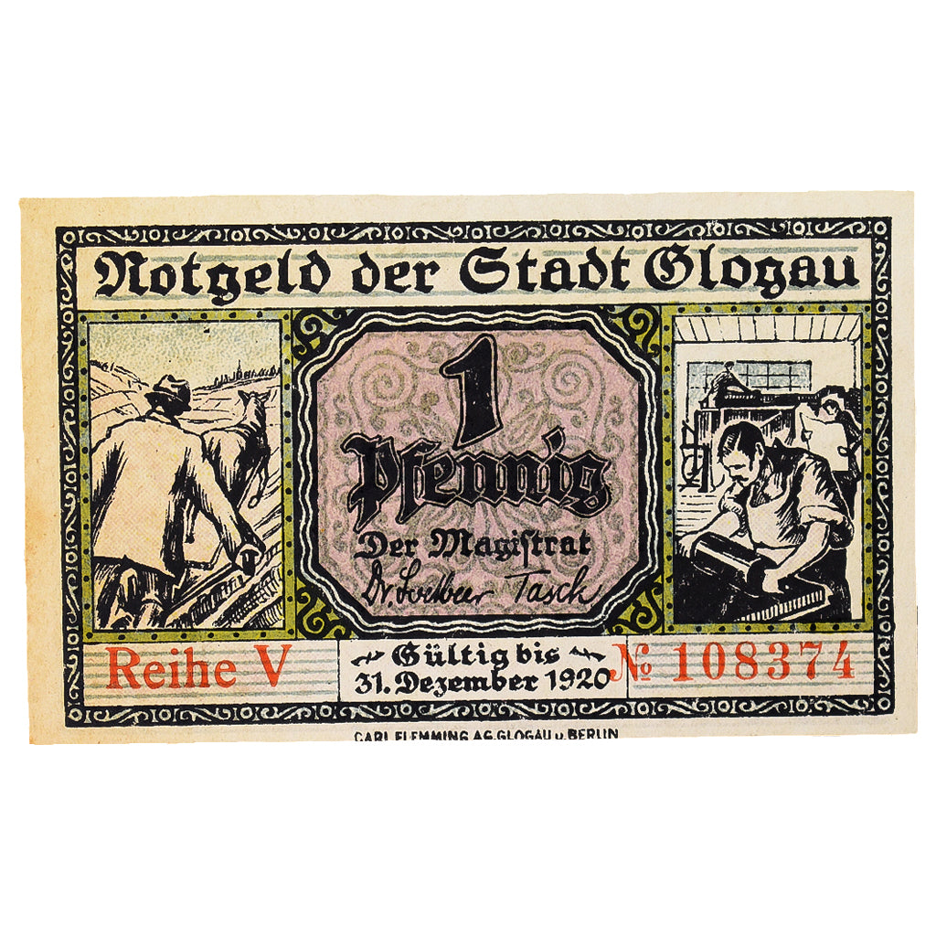 Banconote, Germania, Glogau Stadt, 1 Pfennig, bateau 1, 1920, 1920-12-31, SPL
