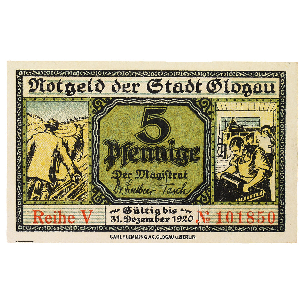 Banconote, Germania, Glogau Stadt, 5 Pfennig, Batiment, 1920, 1920-12-31, SPL
