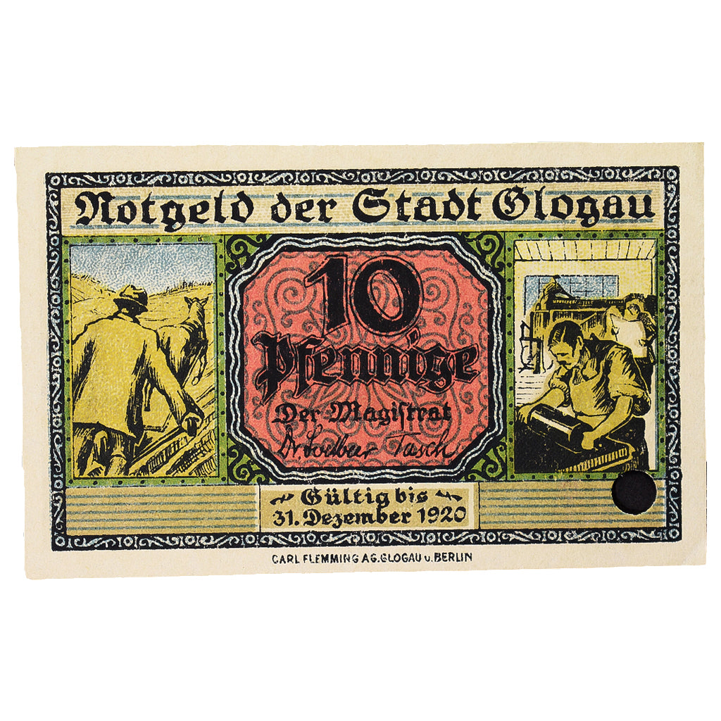 Banconote, Germania, Glogau Stadt, 10 Pfennig, Batiment, 1920, 1920-12-31, SPL