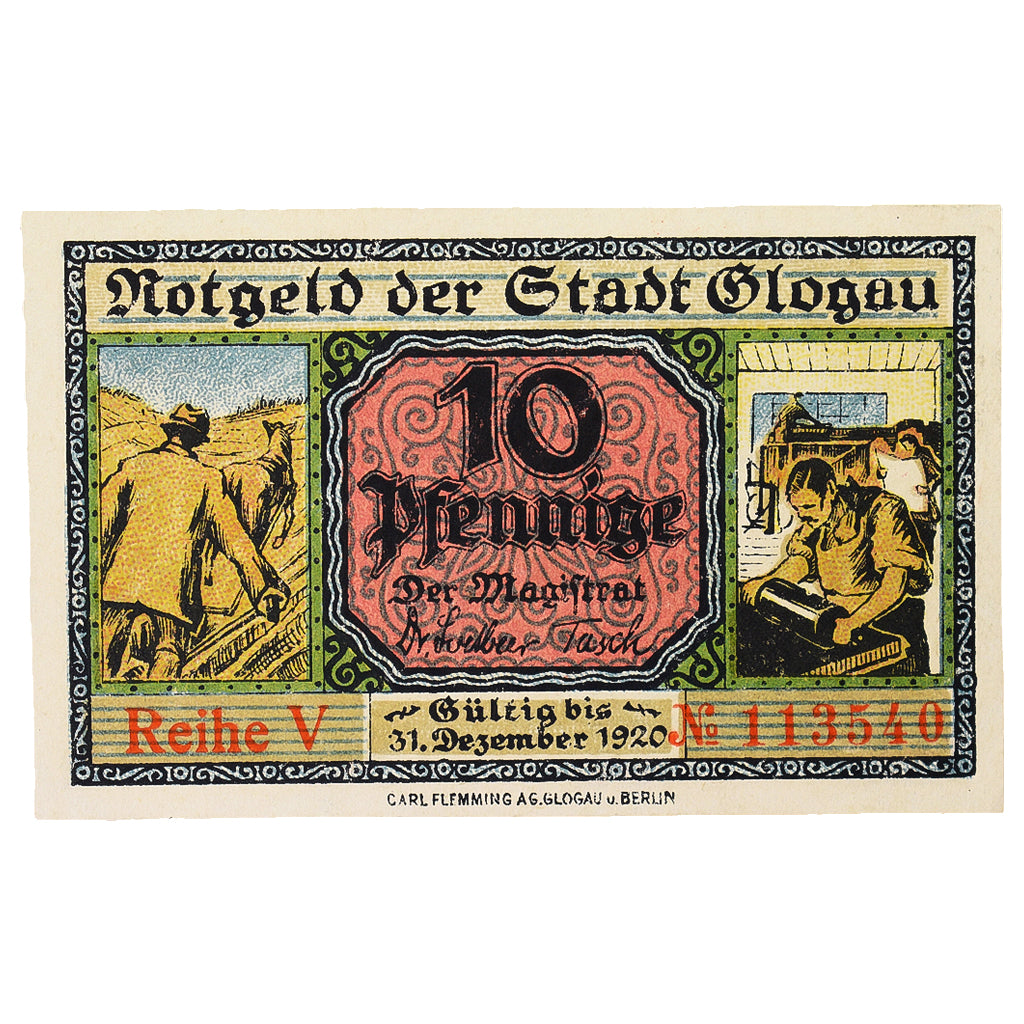 Banconote, Germania, Glogau Stadt, 10 Pfennig, batiment 1, 1920, 1920-12-31