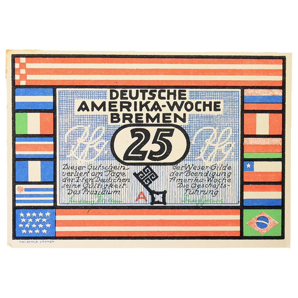 Banconote, Germania, Bremen Deutsche Amerika Woche, 25 Pfennig, village, 1923