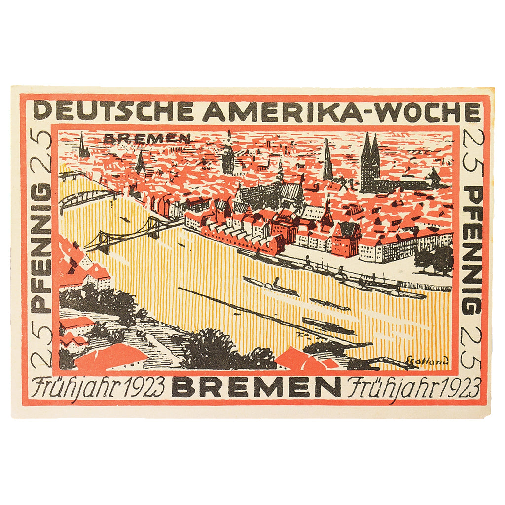Banconote, Germania, Bremen Deutsche Amerika Woche, 25 Pfennig, village, 1923